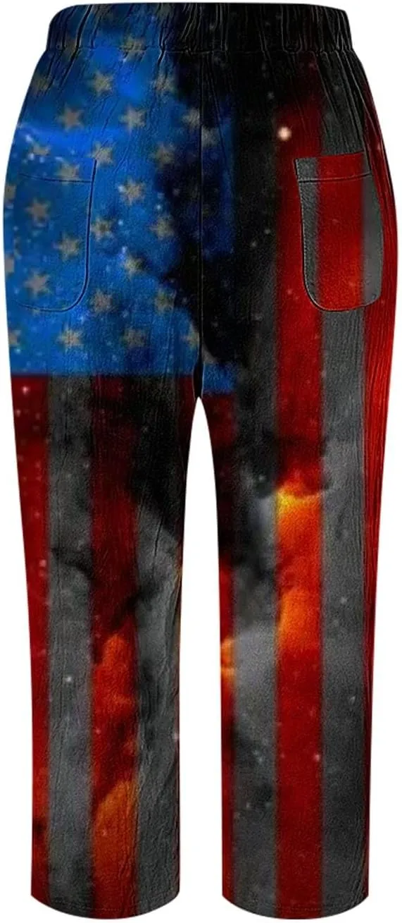 Linen Pants Women Petite Short Sleeve Independence Day American Flag Print Family Print Pants Pants for Women 2024