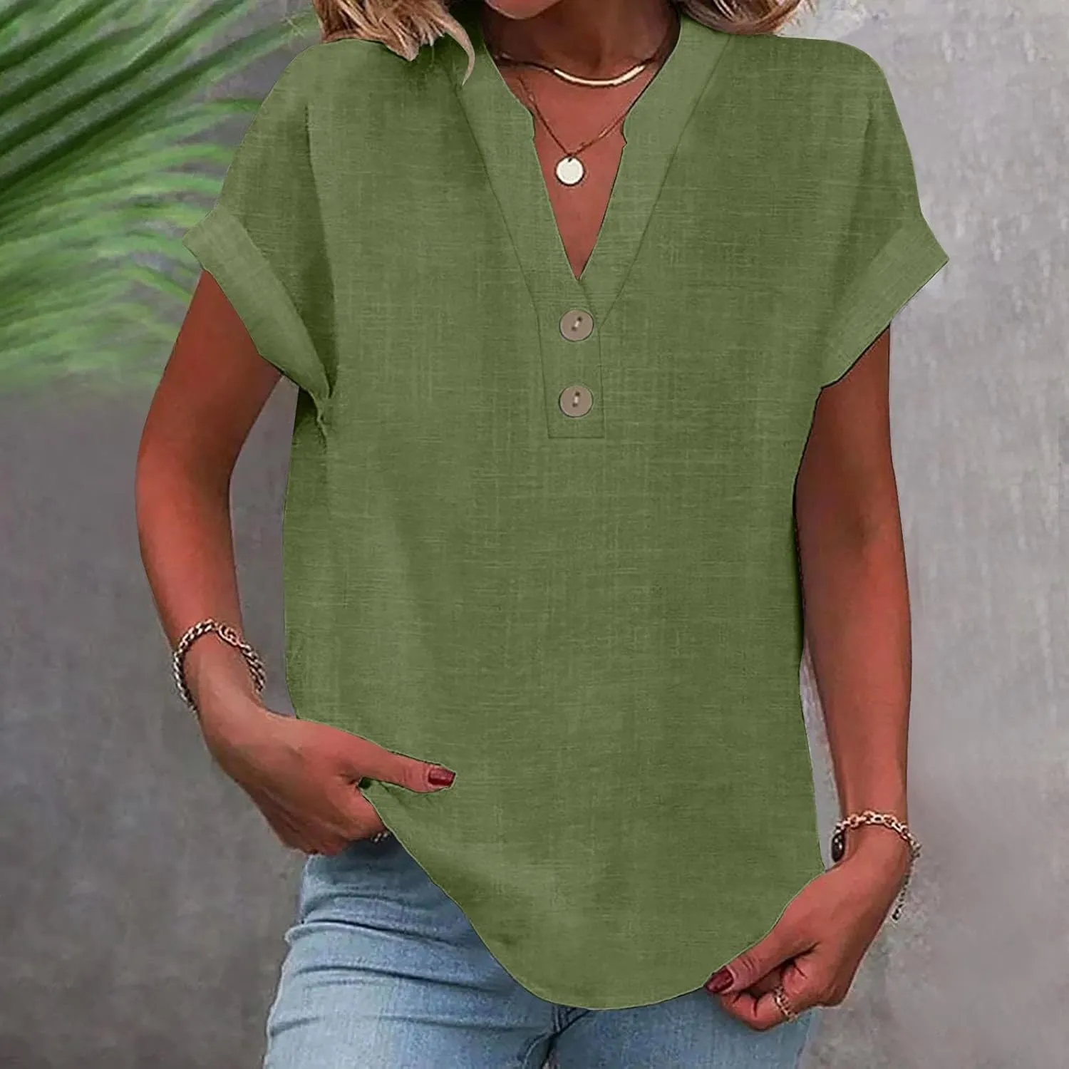 Linen Shirts for Women 2025 Summer Casual V Neck Button Down Short Sleeve Tops Trendy Comfy Business Work Blouses