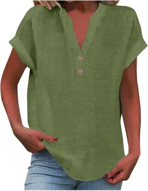 Linen Shirts for Women 2025 Summer Casual V Neck Button Down Short Sleeve Tops Trendy Comfy Business Work Blouses