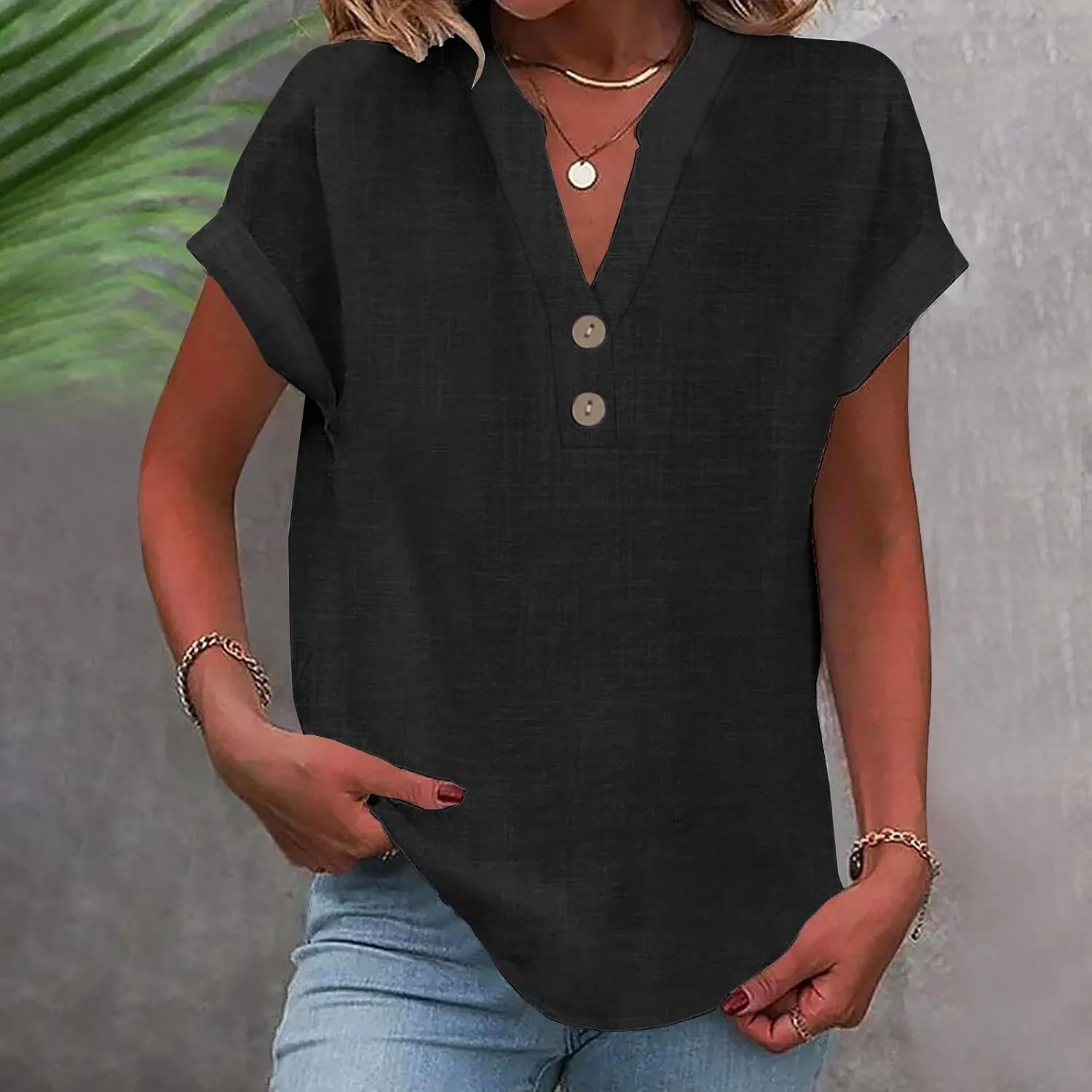 Linen Shirts for Women 2025 Summer Casual V Neck Button Down Short Sleeve Tops Trendy Comfy Business Work Blouses
