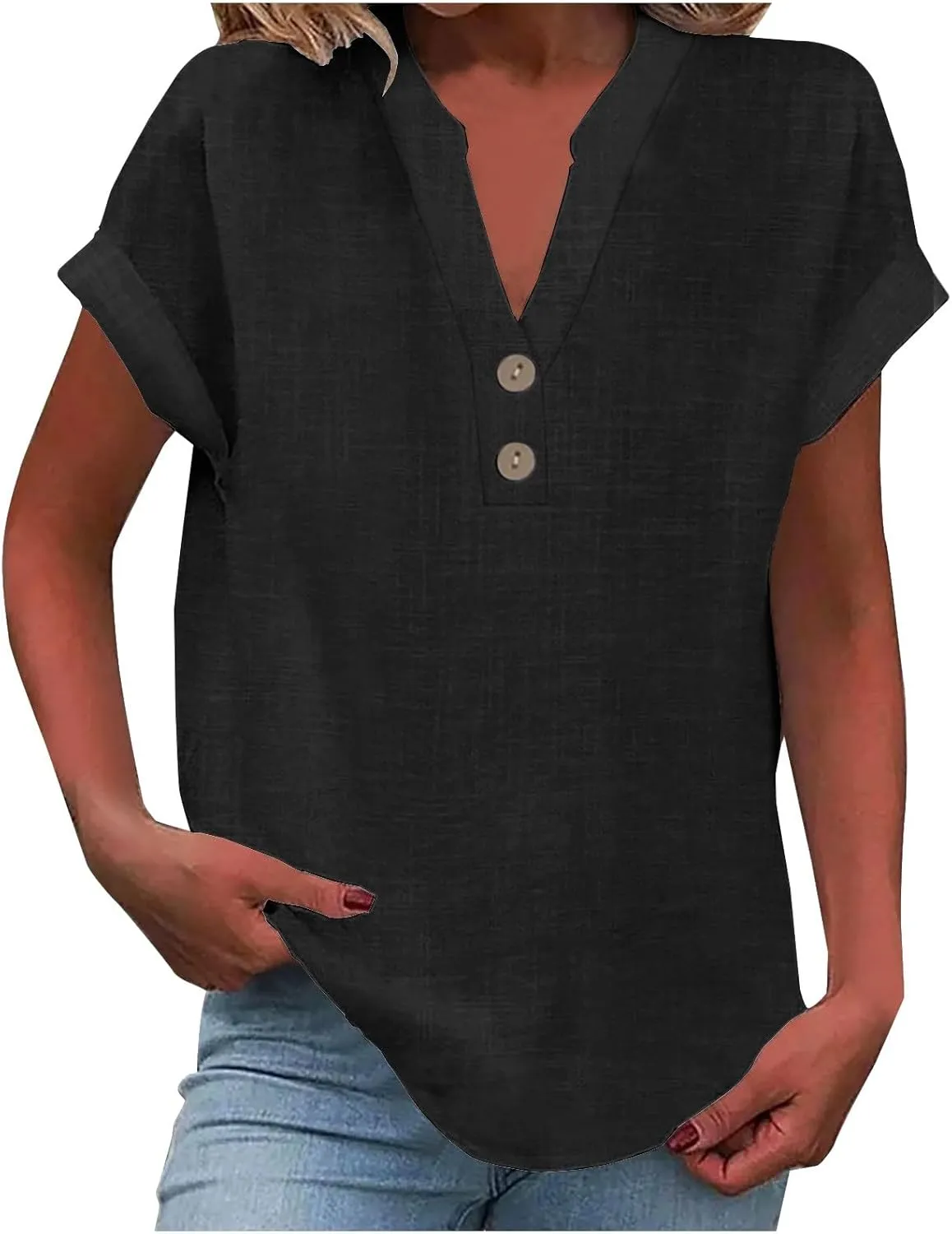 Linen Shirts for Women 2025 Summer Casual V Neck Button Down Short Sleeve Tops Trendy Comfy Business Work Blouses
