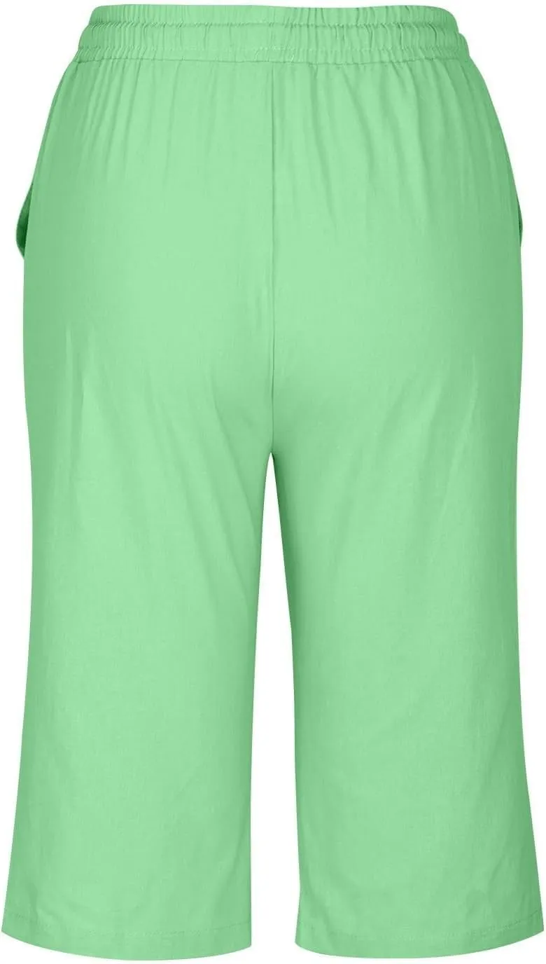Linen Shorts for Women Knee Length Bermuda Shorts Drawstring Elastic Waist Shorts Casual Athletic Shorts Beach Shorts