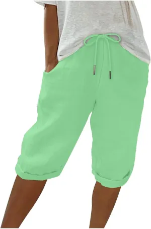 Linen Shorts for Women Knee Length Bermuda Shorts Drawstring Elastic Waist Shorts Casual Athletic Shorts Beach Shorts