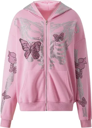 lisenraIn Unisex Men Women Halloween Hoodie Graphic Zip Up Sweatshirt Y2K Oversized Long Sleeve Rhinestone Skeleton Jacket