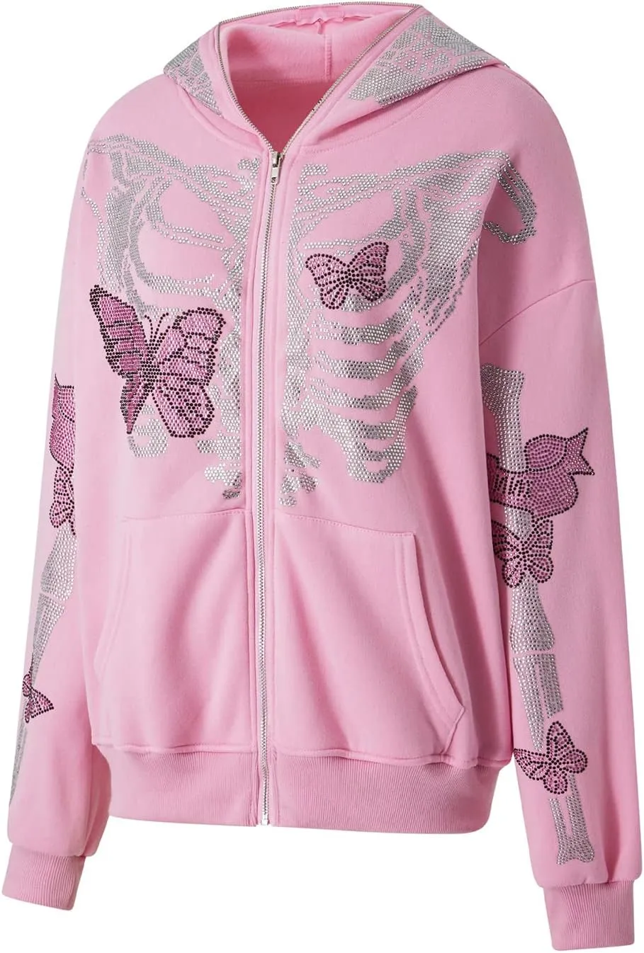 lisenraIn Unisex Men Women Halloween Hoodie Graphic Zip Up Sweatshirt Y2K Oversized Long Sleeve Rhinestone Skeleton Jacket