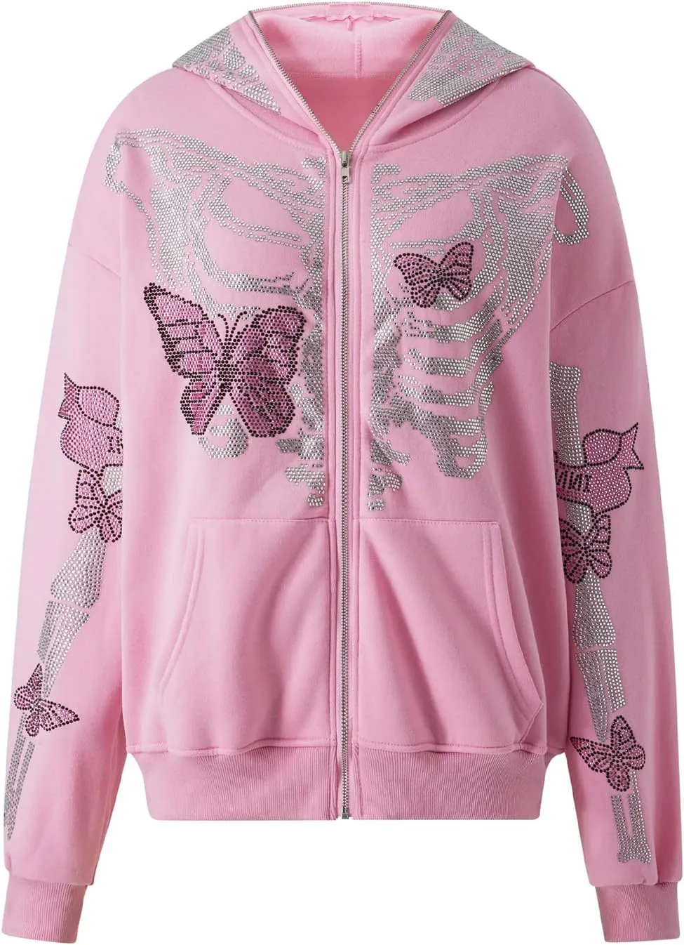 lisenraIn Unisex Men Women Halloween Hoodie Graphic Zip Up Sweatshirt Y2K Oversized Long Sleeve Rhinestone Skeleton Jacket