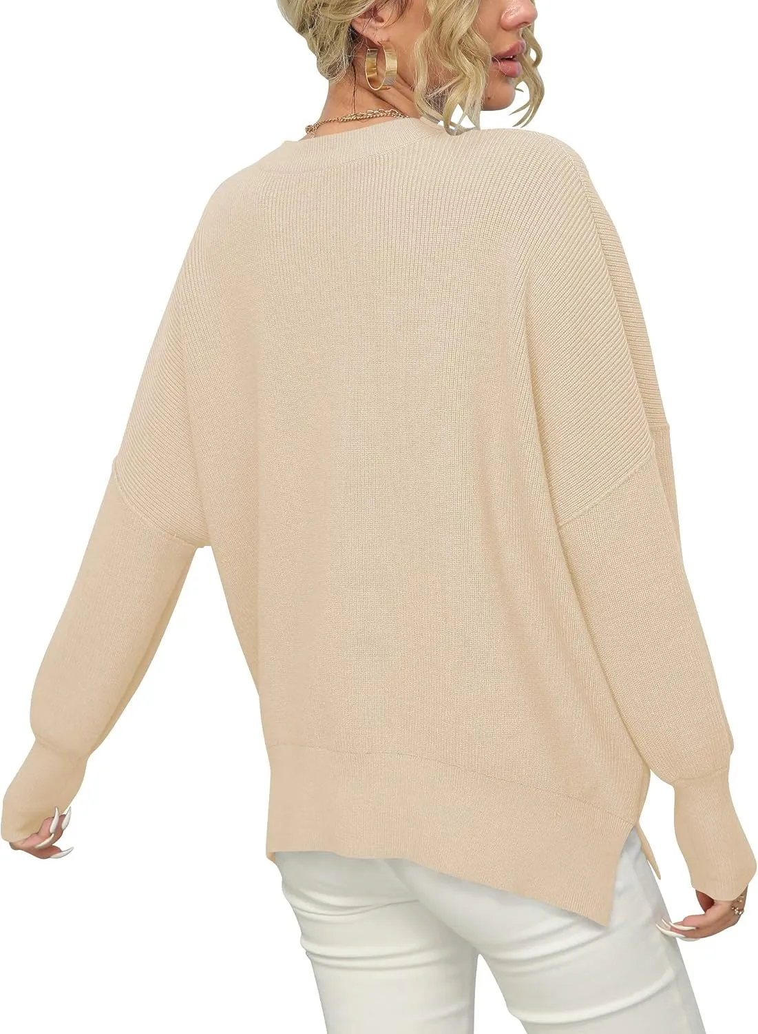 LOGENE Women's Oversized Batwing Long Sleeve Crewneck Side Slit Ribbed Knit Pullover Sweater Tops