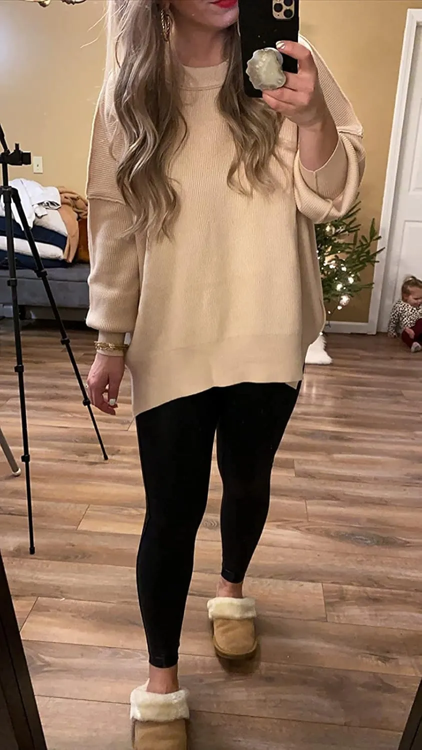 LOGENE Women's Oversized Batwing Long Sleeve Crewneck Side Slit Ribbed Knit Pullover Sweater Tops