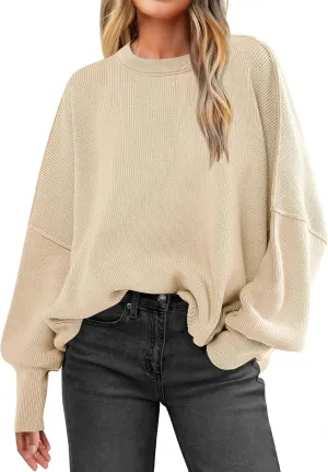 LOGENE Women's Oversized Batwing Long Sleeve Crewneck Side Slit Ribbed Knit Pullover Sweater Tops