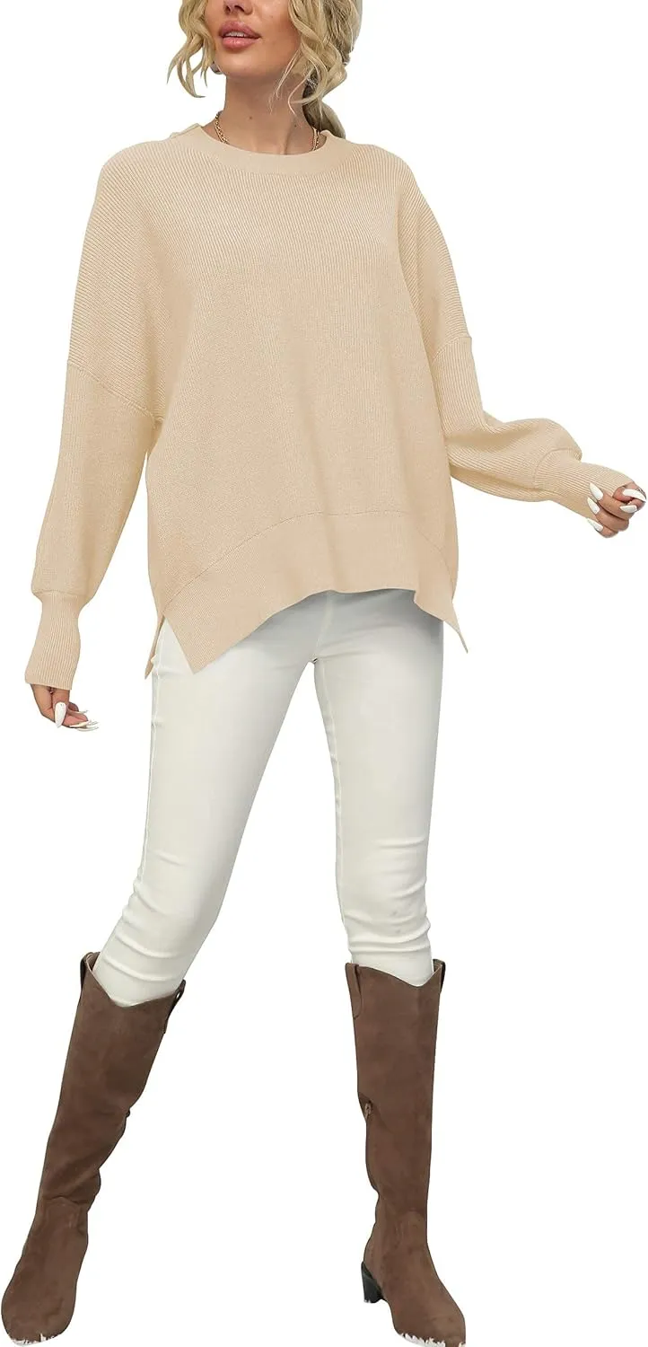 LOGENE Women's Oversized Batwing Long Sleeve Crewneck Side Slit Ribbed Knit Pullover Sweater Tops
