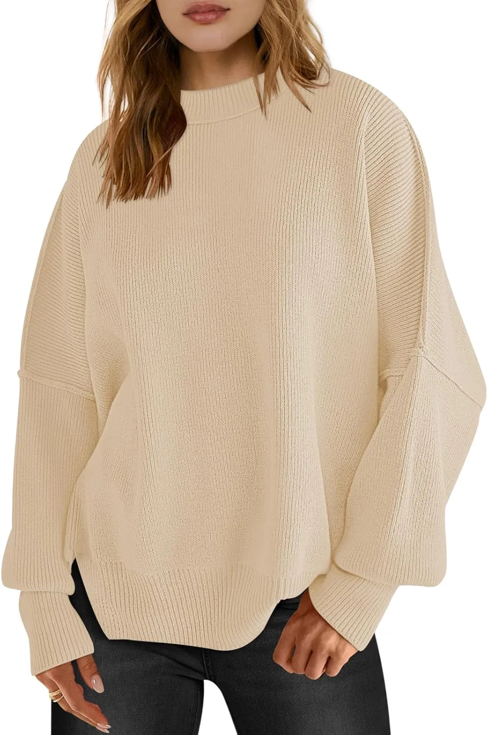 LOGENE Women's Oversized Batwing Long Sleeve Crewneck Side Slit Ribbed Knit Pullover Sweater Tops