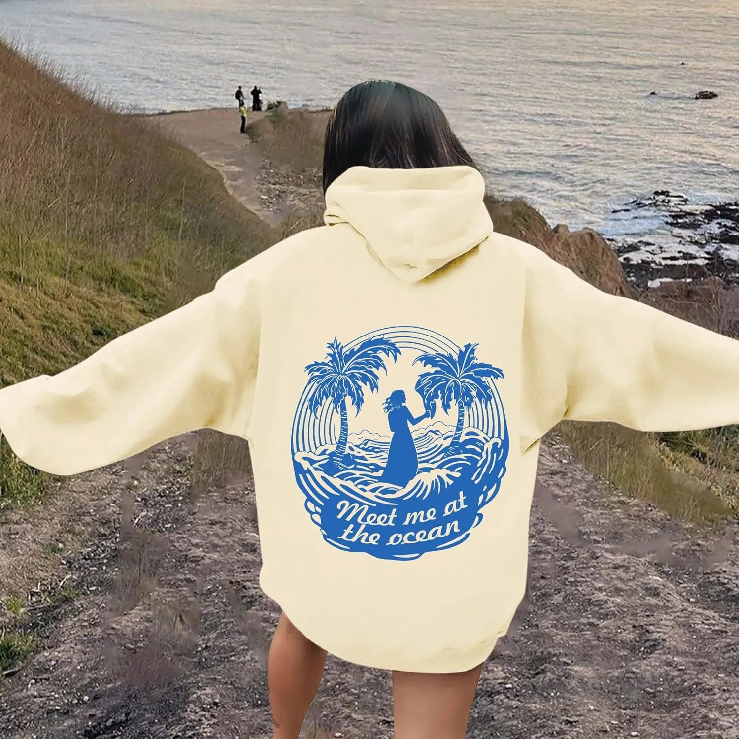 Meet Me at The Ocean Oversized Hoodies for Women Casual Drawstring Sweatshirt Fashion Long Sleeve Pullover