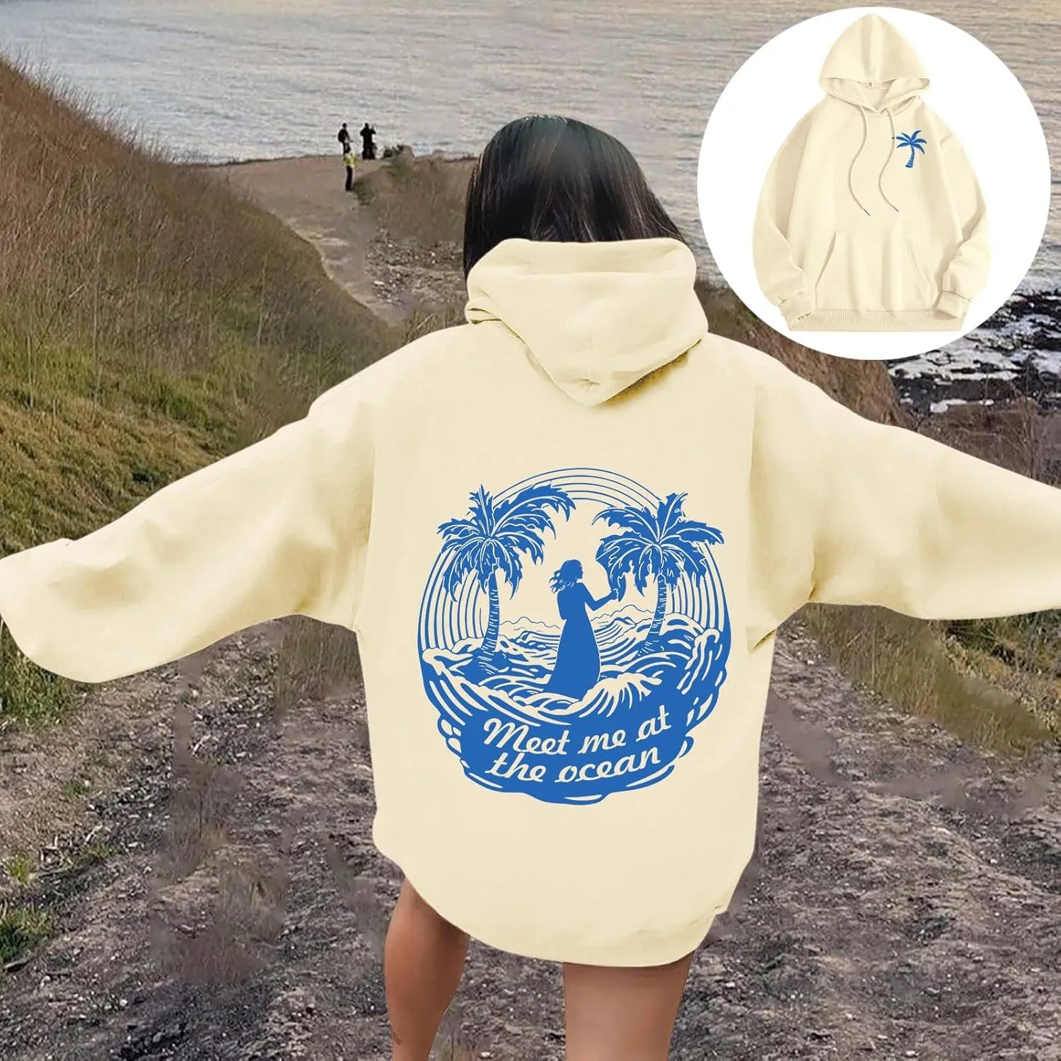 Meet Me at The Ocean Oversized Hoodies for Women Casual Drawstring Sweatshirt Fashion Long Sleeve Pullover