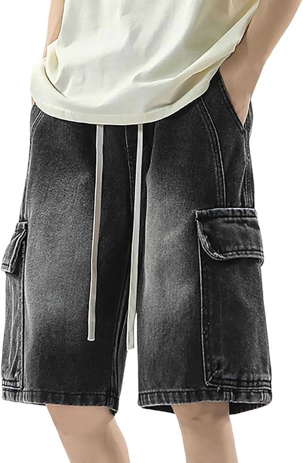 Men Baggy Jean Shorts Loose Fit Long Denim Shorts Wide Leg Hip Hop Streetwear