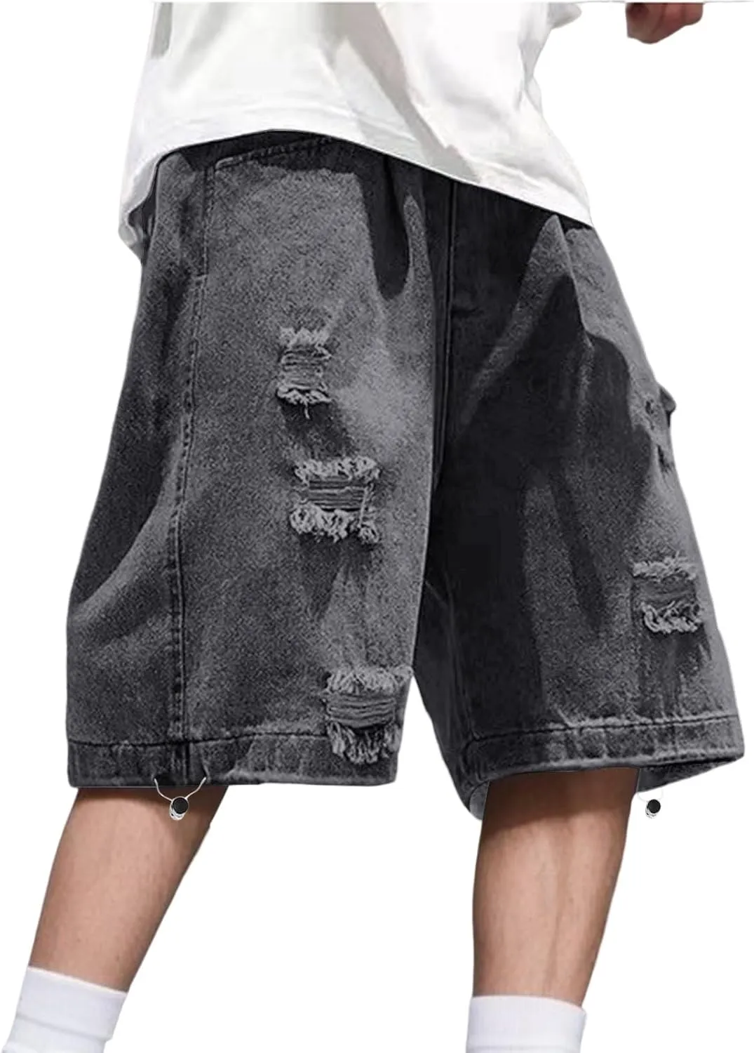 Men Baggy Jean Shorts Loose Fit Long Denim Shorts Wide Leg Hip Hop Streetwear