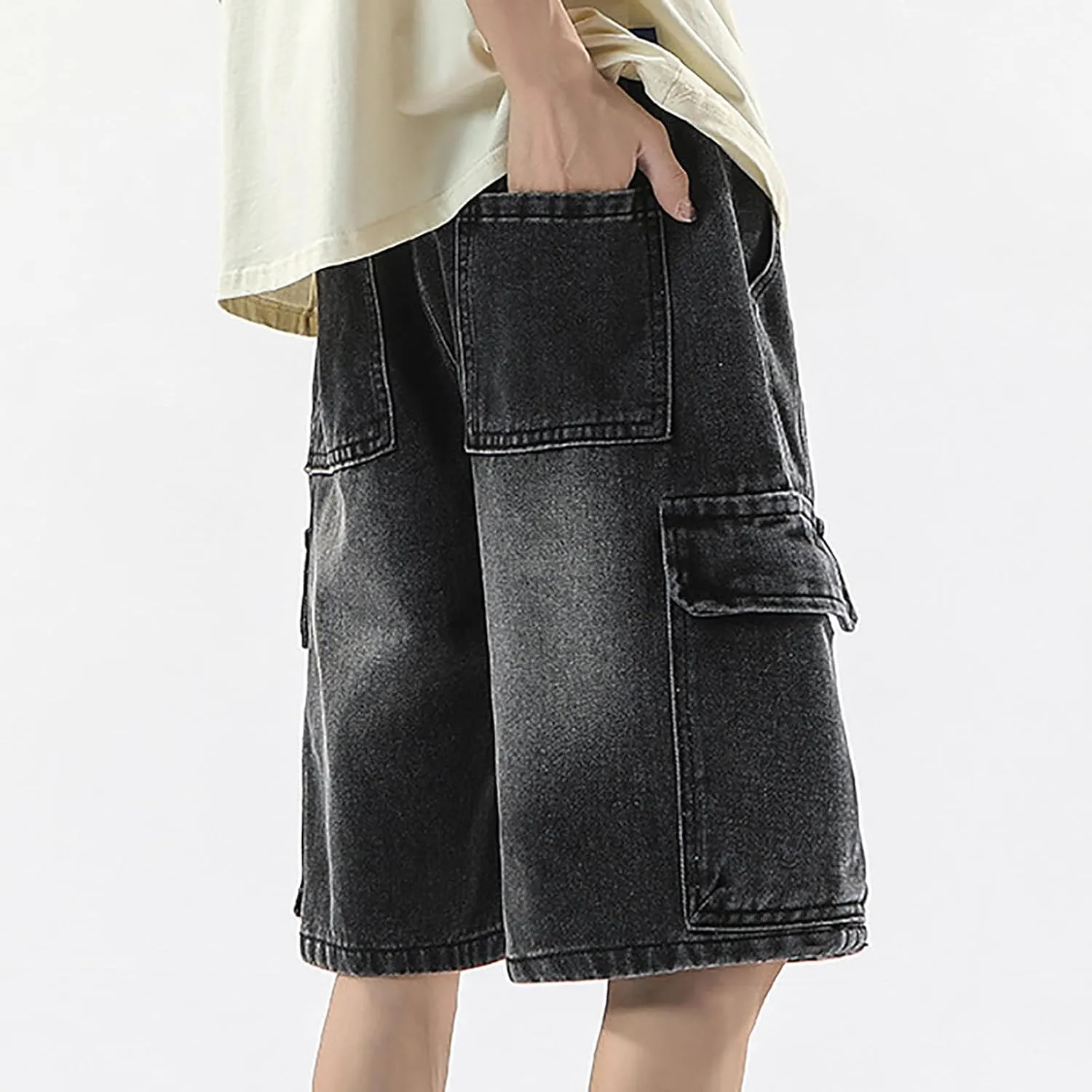 Men Baggy Jean Shorts Loose Fit Long Denim Shorts Wide Leg Hip Hop Streetwear