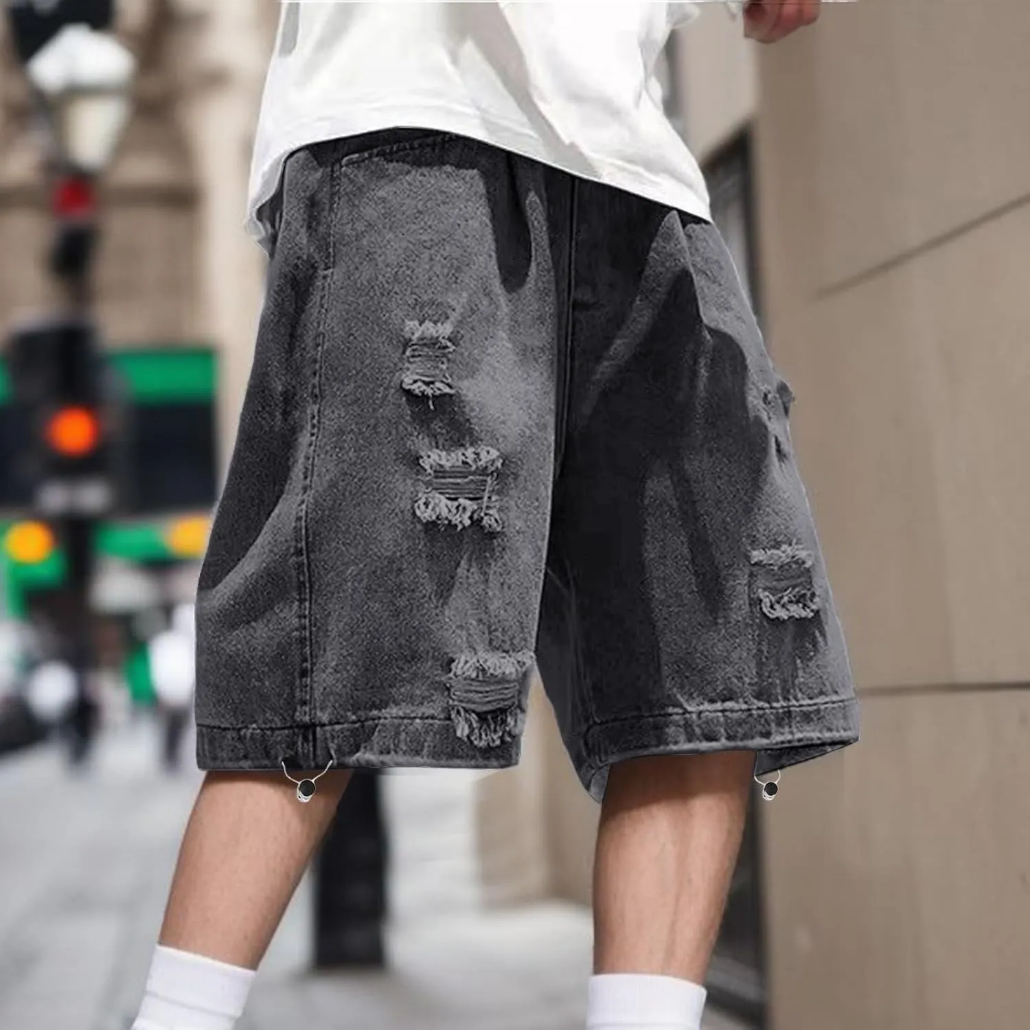 Men Baggy Jean Shorts Loose Fit Long Denim Shorts Wide Leg Hip Hop Streetwear