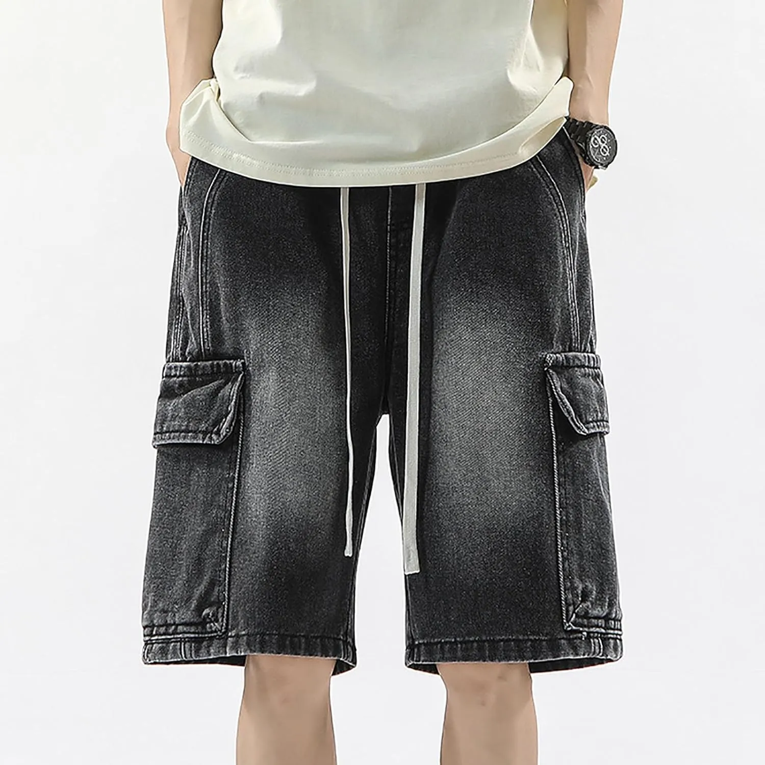 Men Baggy Jean Shorts Loose Fit Long Denim Shorts Wide Leg Hip Hop Streetwear