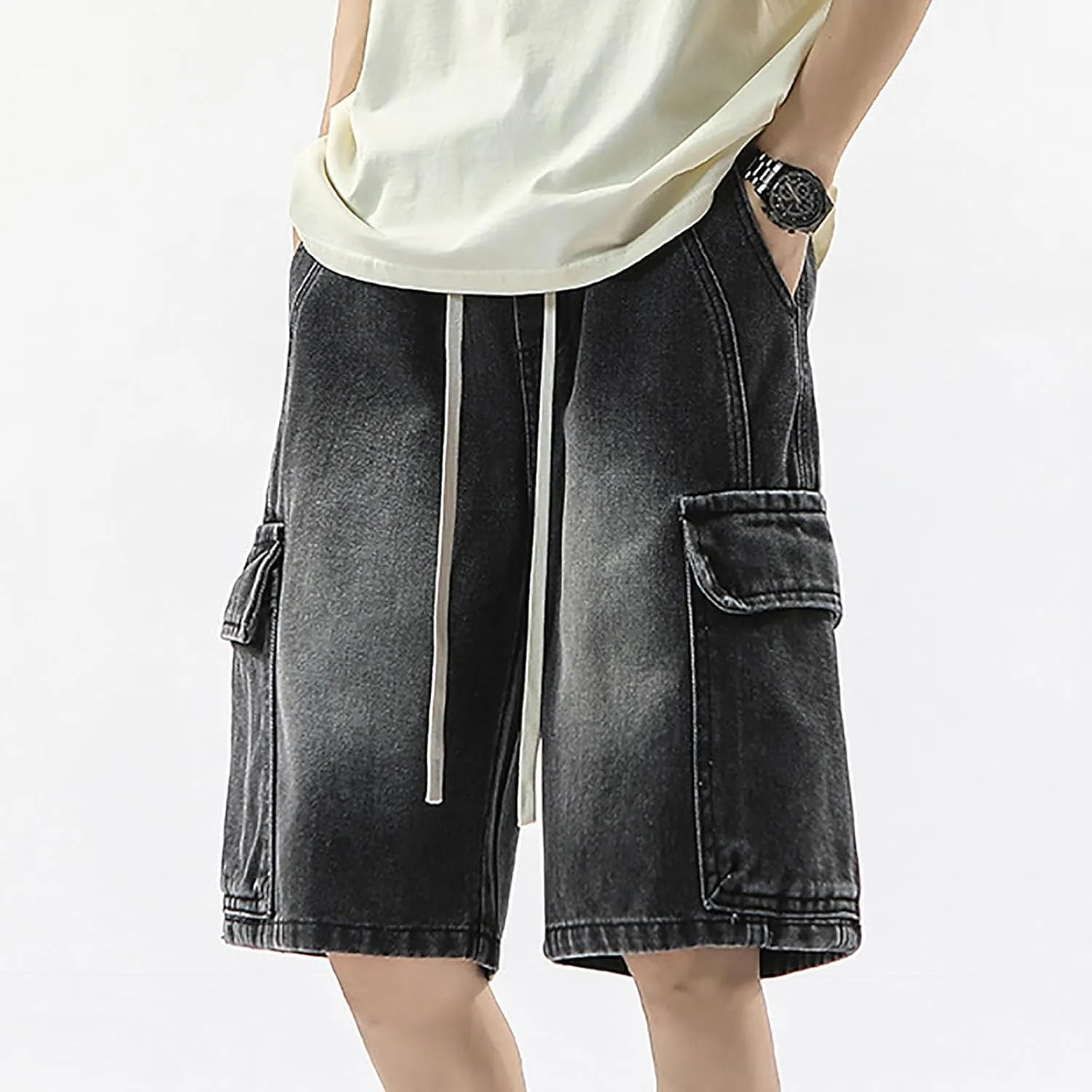 Men Baggy Jean Shorts Loose Fit Long Denim Shorts Wide Leg Hip Hop Streetwear