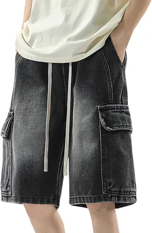 Men Baggy Jean Shorts Loose Fit Long Denim Shorts Wide Leg Hip Hop Streetwear