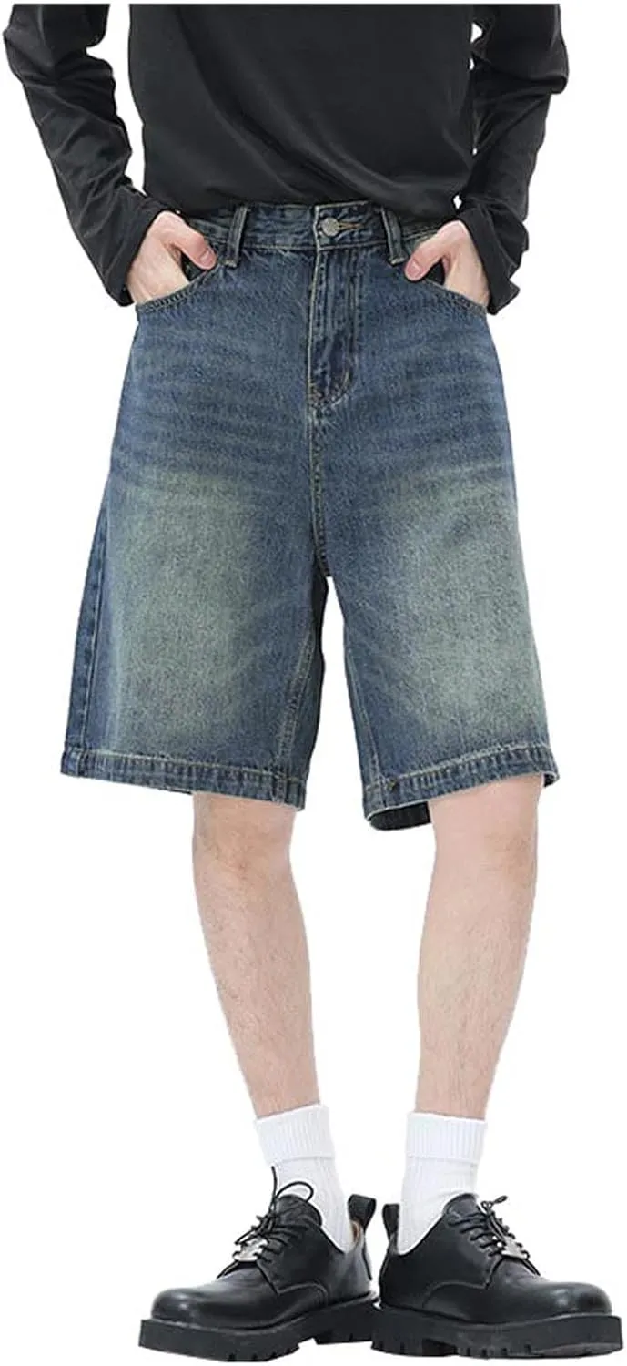 Men Baggy Jean Shorts Loose Fit Mid Denim Shorts Casual Summer Y2K Grunge Streetwear