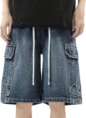 Men Loose Hip Hop Cropped Jean Shorts Work Denim Shorts with Pockets Casual Summer Streetwear Clothes