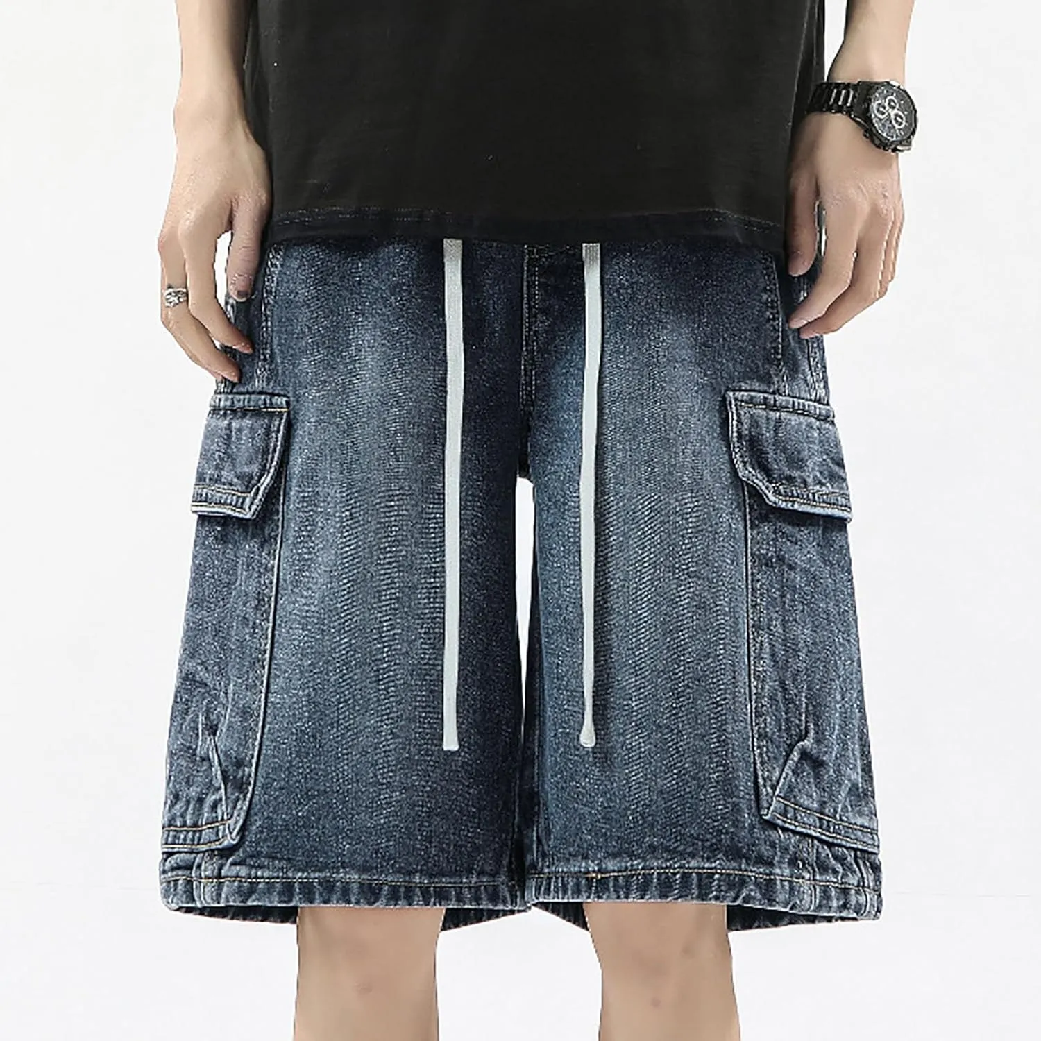 Men Loose Hip Hop Cropped Jean Shorts Work Denim Shorts with Pockets Casual Summer Streetwear Clothes