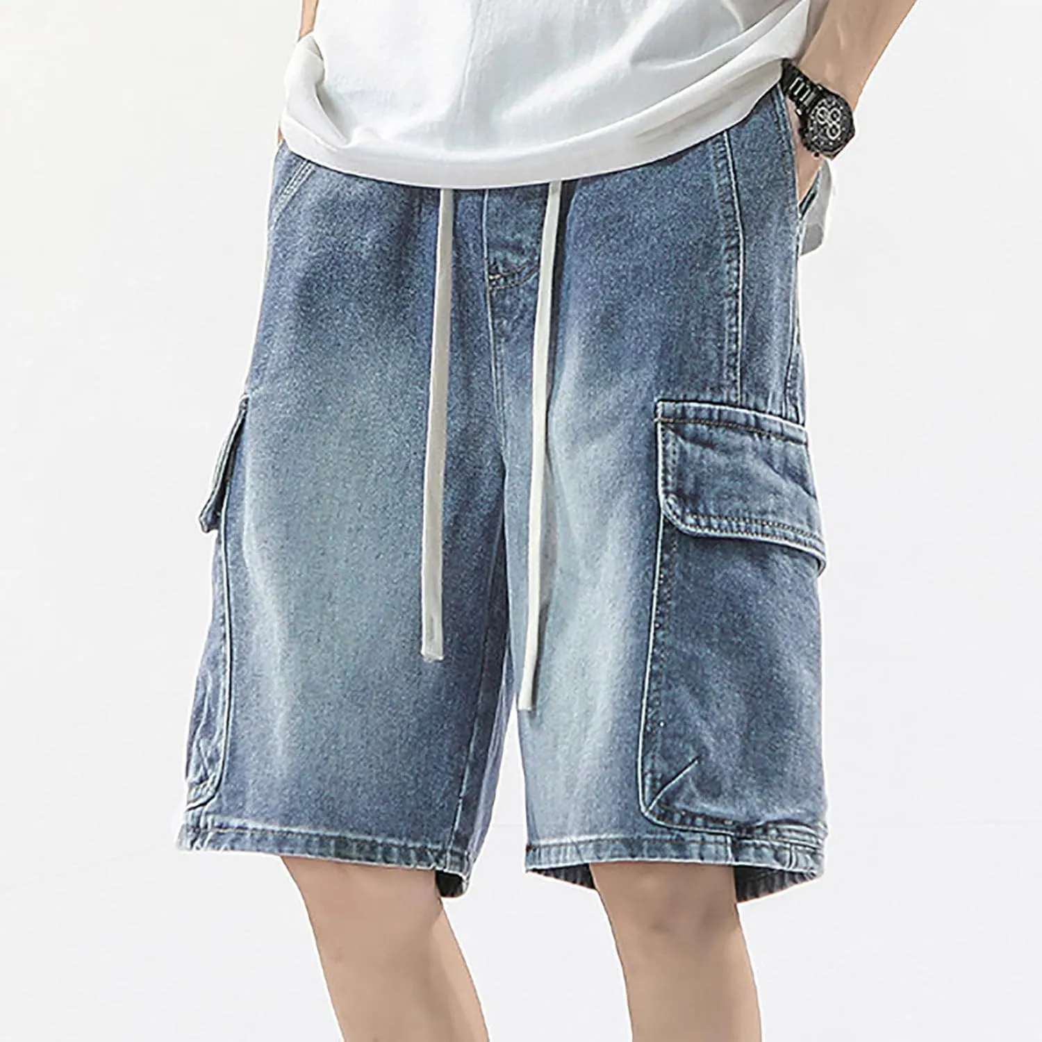 Men Loose Hip Hop Cropped Jean Shorts Work Denim Shorts with Pockets Casual Summer Streetwear Clothes