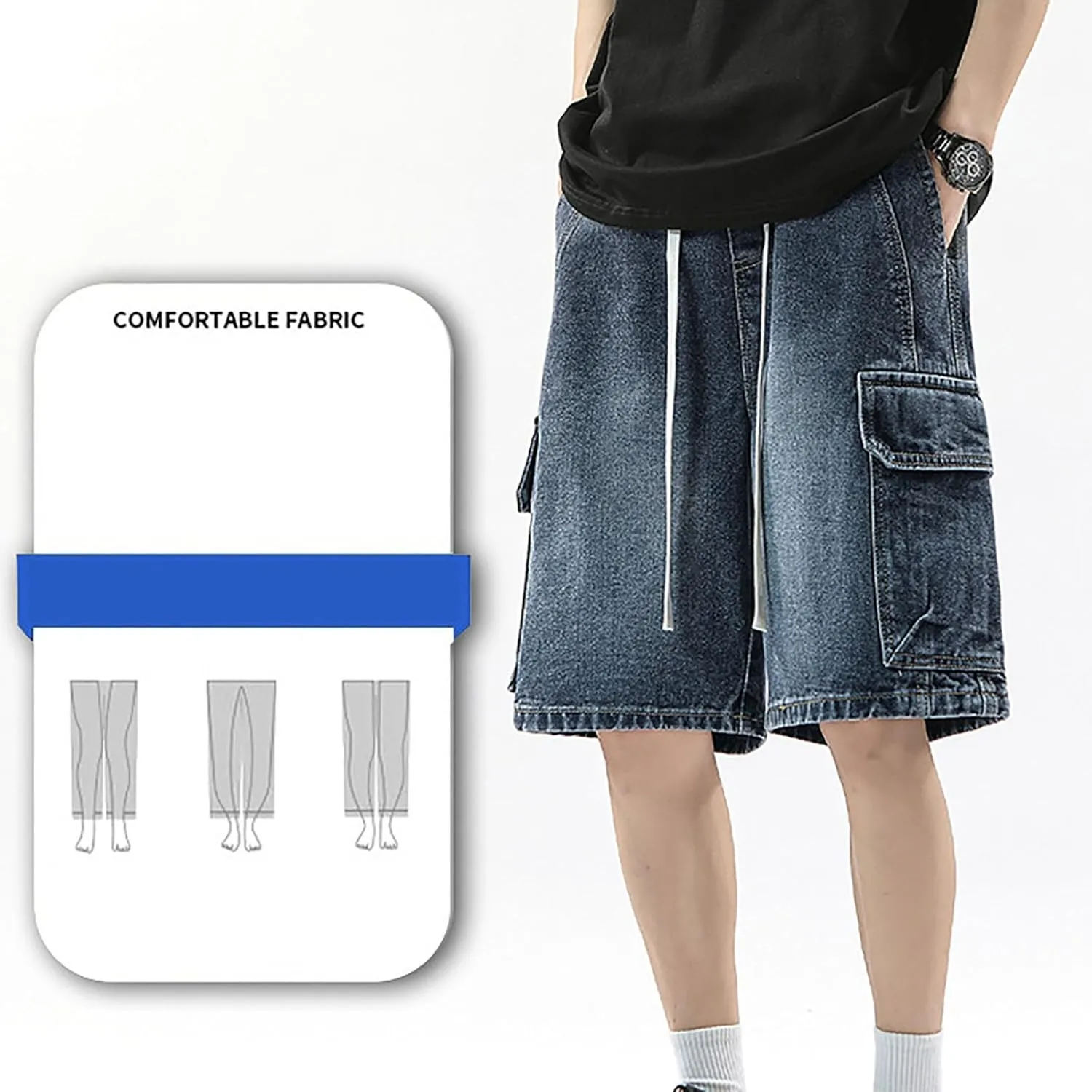 Men Loose Hip Hop Cropped Jean Shorts Work Denim Shorts with Pockets Casual Summer Streetwear Clothes
