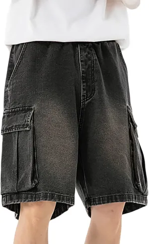 Men Loose Hip Hop Cropped Jean Shorts Work Denim Shorts with Pockets Casual Summer Streetwear Clothes
