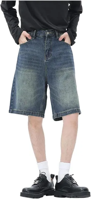 Men Loose Hip Hop Cropped Jean Shorts Work Denim Shorts with Pockets Casual Summer Streetwear Clothes