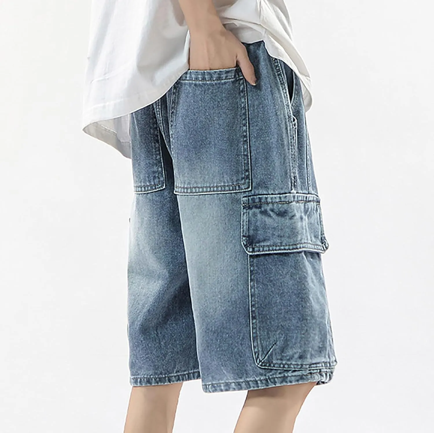 Men Loose Hip Hop Cropped Jean Shorts Work Denim Shorts with Pockets Casual Summer Streetwear Clothes