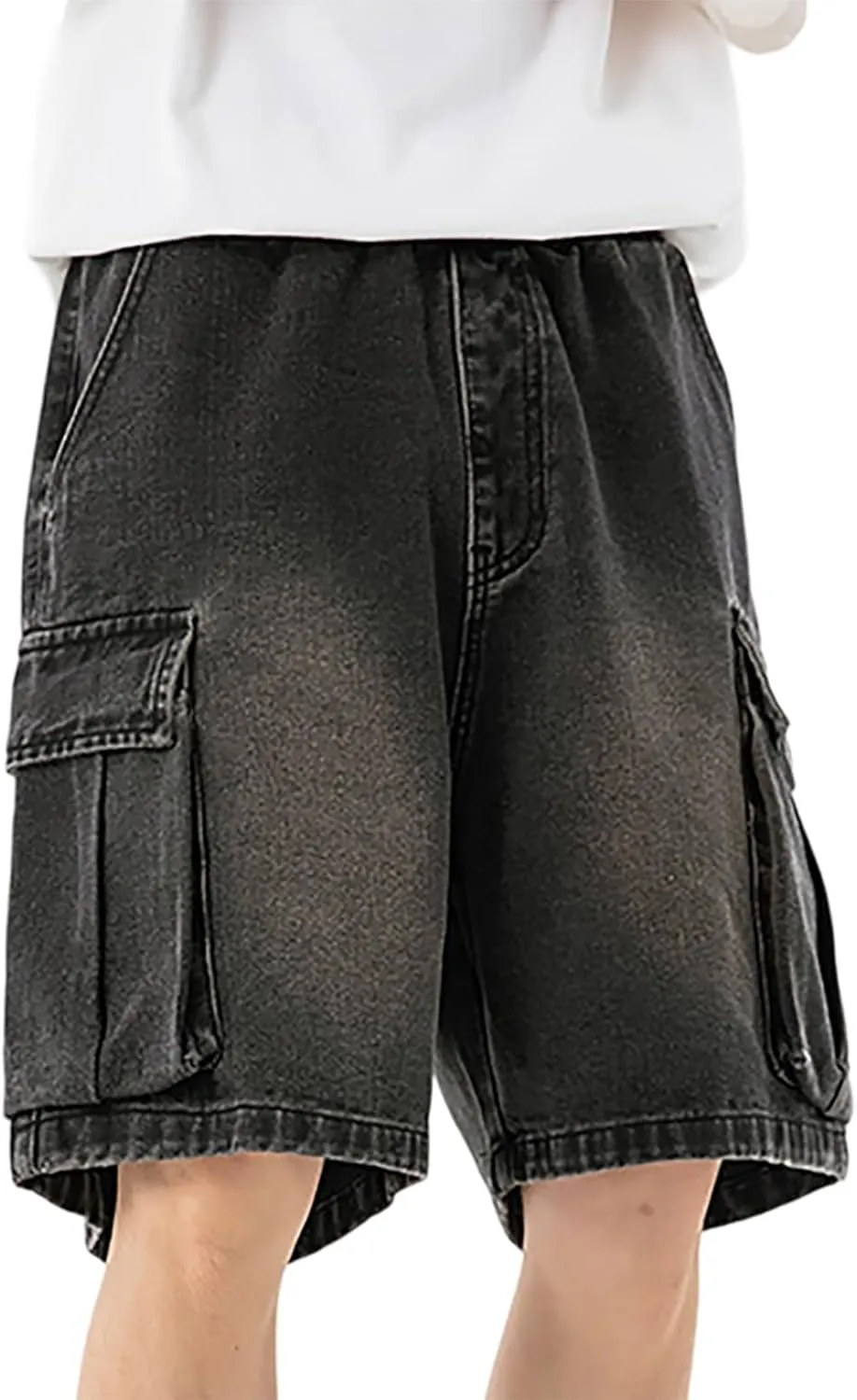 Men Loose Hip Hop Cropped Jean Shorts Work Denim Shorts with Pockets Casual Summer Streetwear Clothes