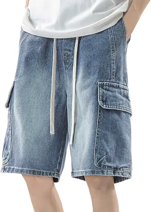 Men Loose Hip Hop Cropped Jean Shorts Work Denim Shorts with Pockets Casual Summer Streetwear Clothes
