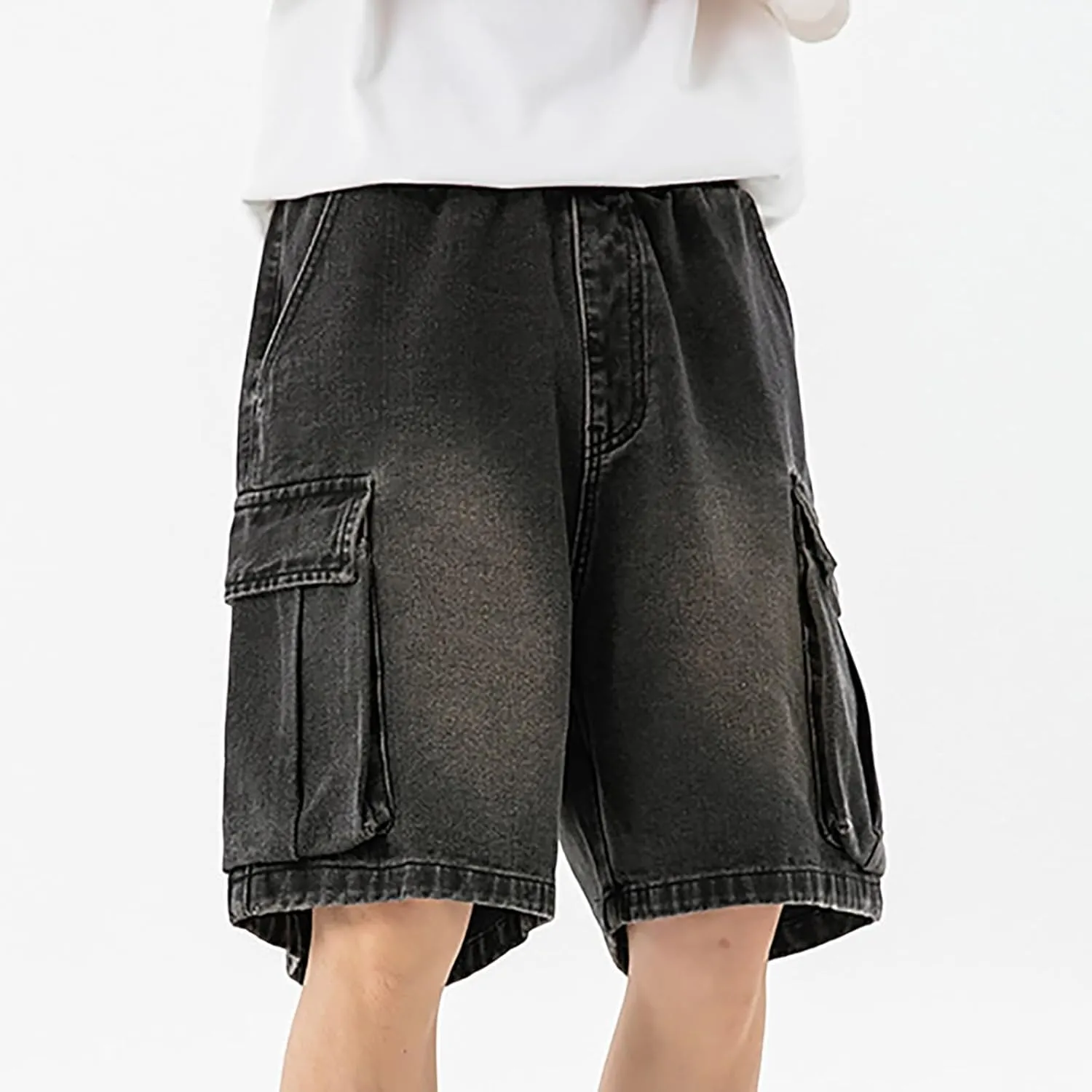 Men Loose Hip Hop Cropped Jean Shorts Work Denim Shorts with Pockets Casual Summer Streetwear Clothes