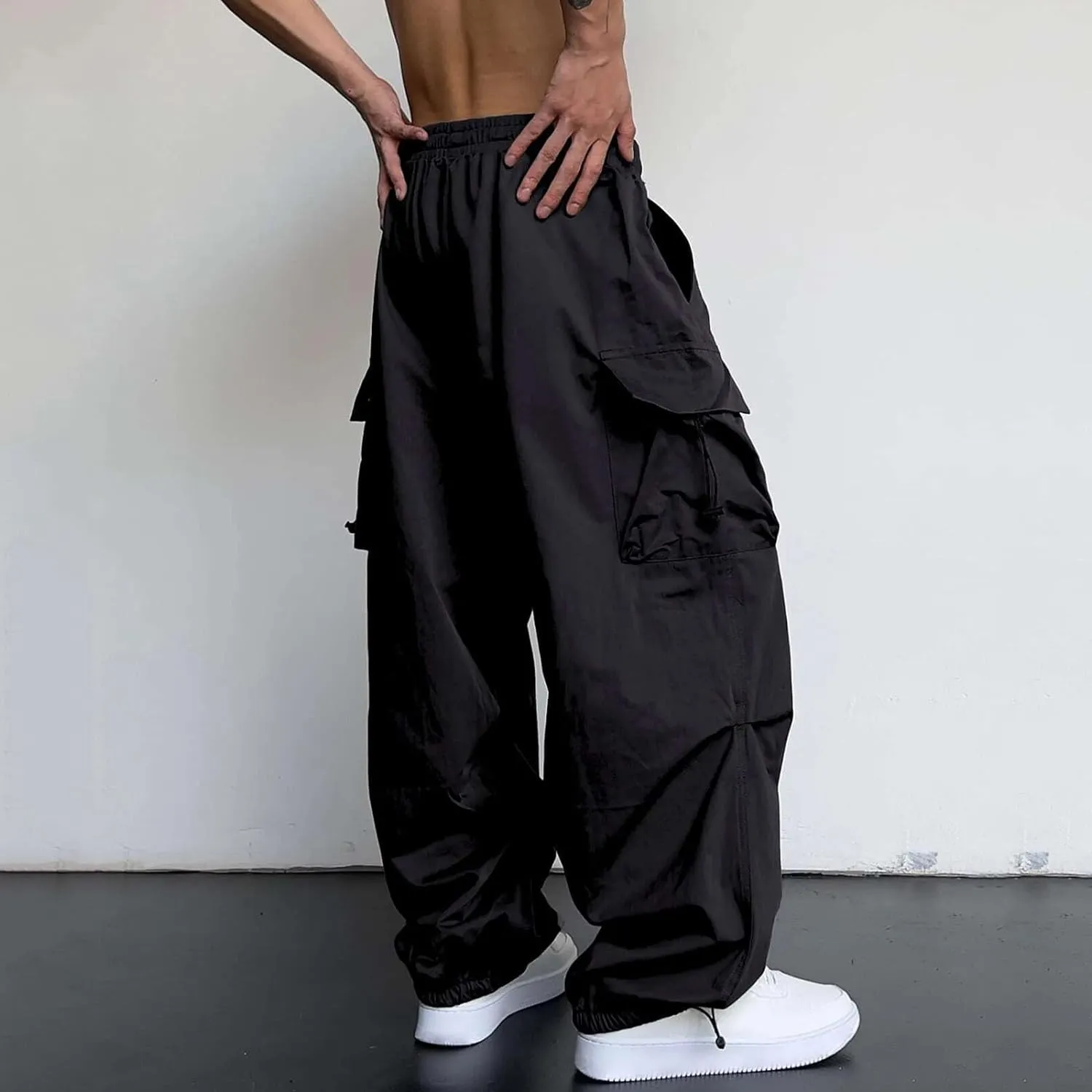 Mens Cargo Casual Pants Drawstring Loose Fit Athletic Jogger Sports Elastic Waist Outdoor Trousers Parachute Pant