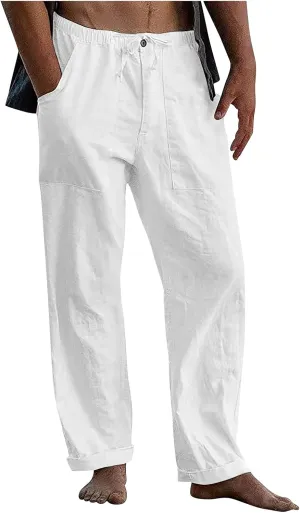 Men's Casual Loose and Comfortable Casual Pants Cotton Linen Printed Drawstring Trousers