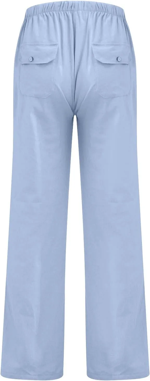 Men's Casual Loose and Comfortable Casual Pants Cotton Linen Printed Drawstring Trousers