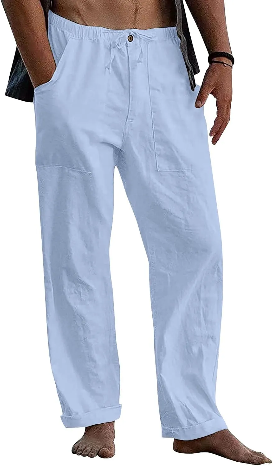 Men's Casual Loose and Comfortable Casual Pants Cotton Linen Printed Drawstring Trousers