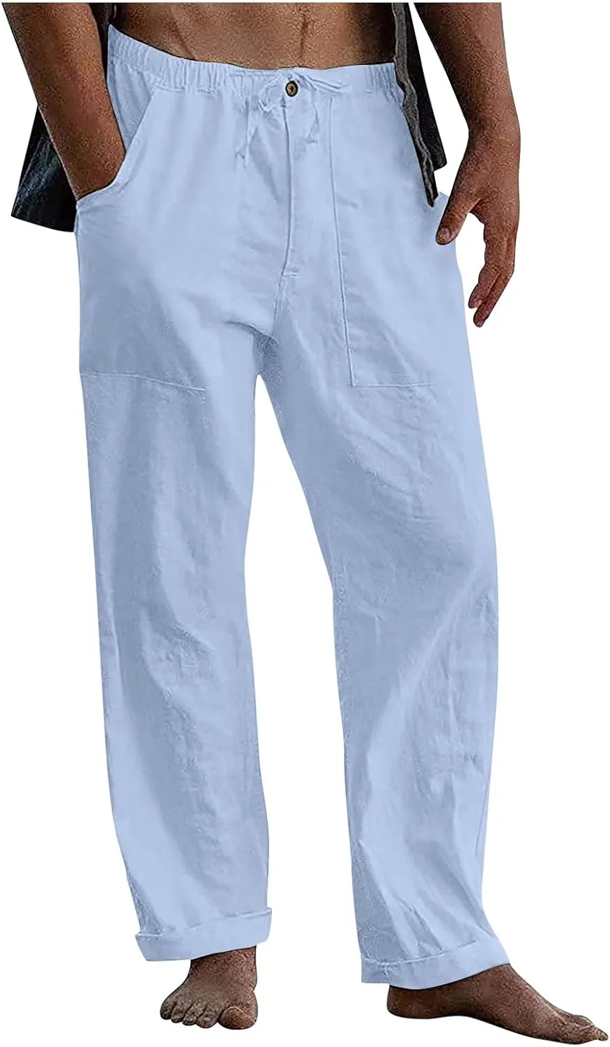 Men's Casual Loose and Comfortable Casual Pants Cotton Linen Printed Drawstring Trousers