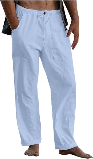 Men's Casual Loose and Comfortable Casual Pants Cotton Linen Printed Drawstring Trousers
