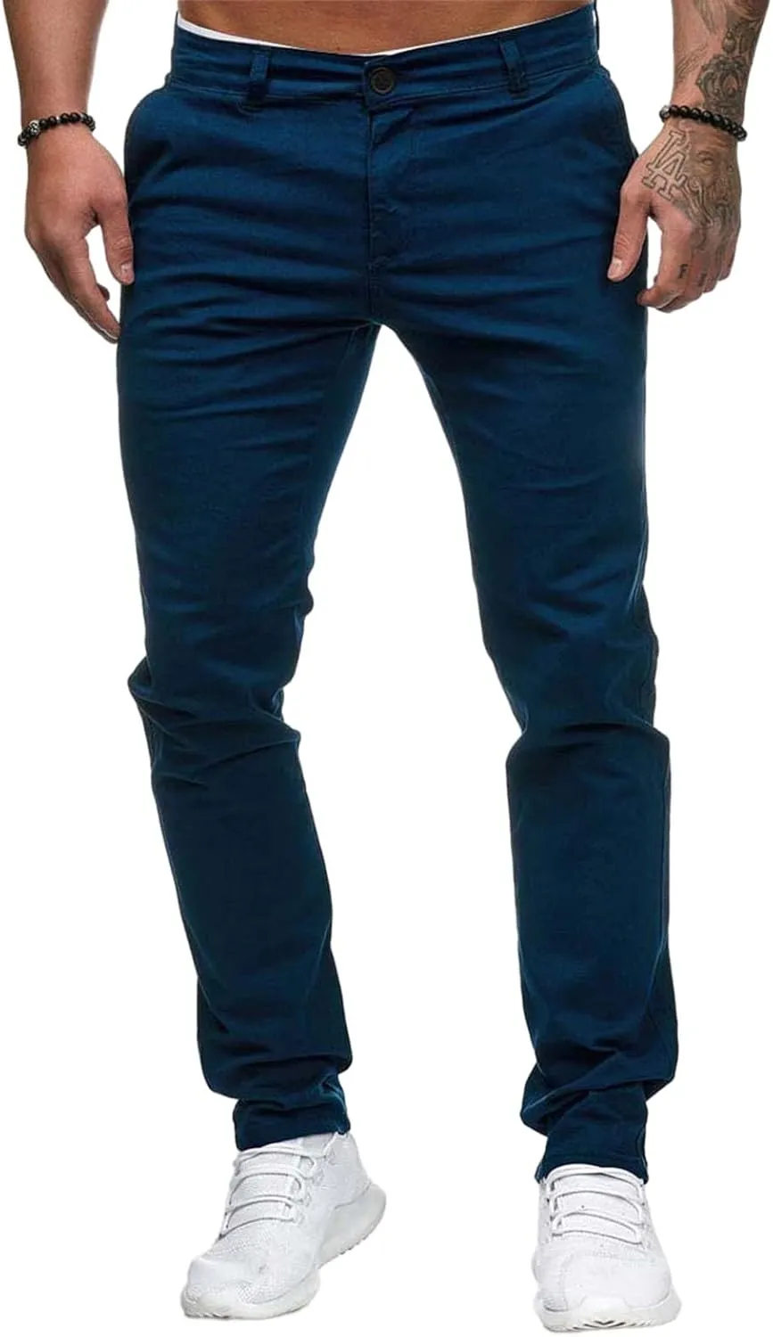 Men's Chino Pants Solid Stretch Skinny Cargo Pants Straight Leg Casual Trouser Slim Fit Tapered Trousers with Pockets