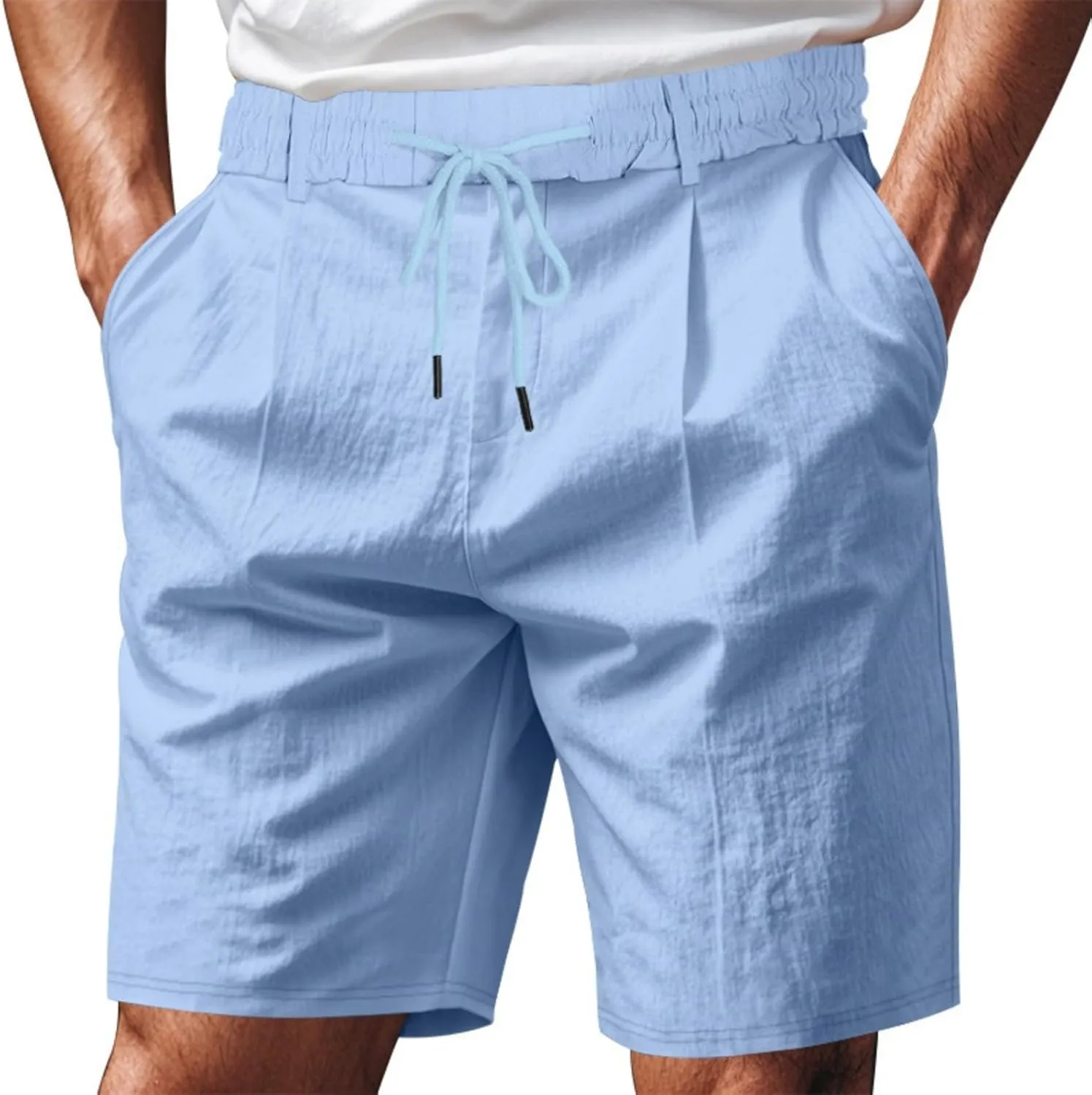 Men's Cotton Linen Shorts Casual Button Elastic Waist Summer Beach Shorts with Pocket