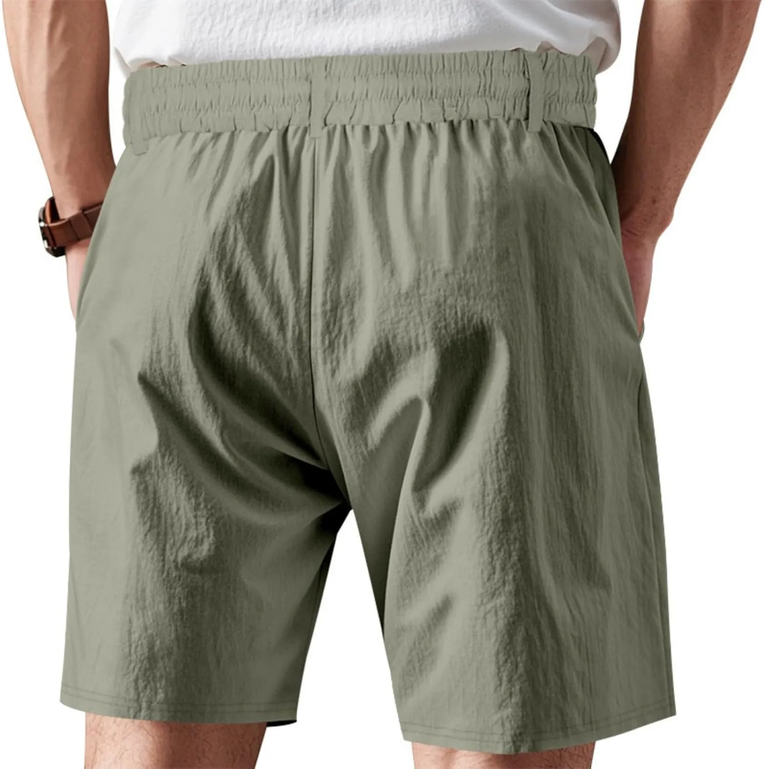 Men's Cotton Linen Shorts Casual Button Elastic Waist Summer Beach Shorts with Pocket