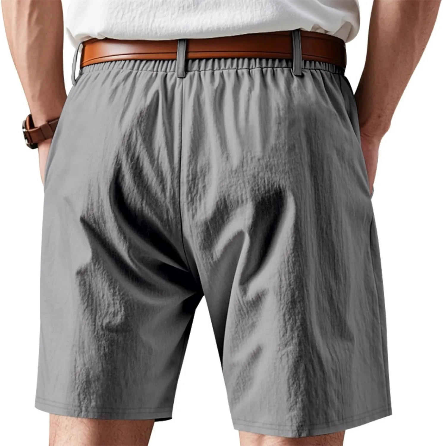 Men's Cotton Linen Shorts Casual Button Elastic Waist Summer Beach Shorts with Pocket