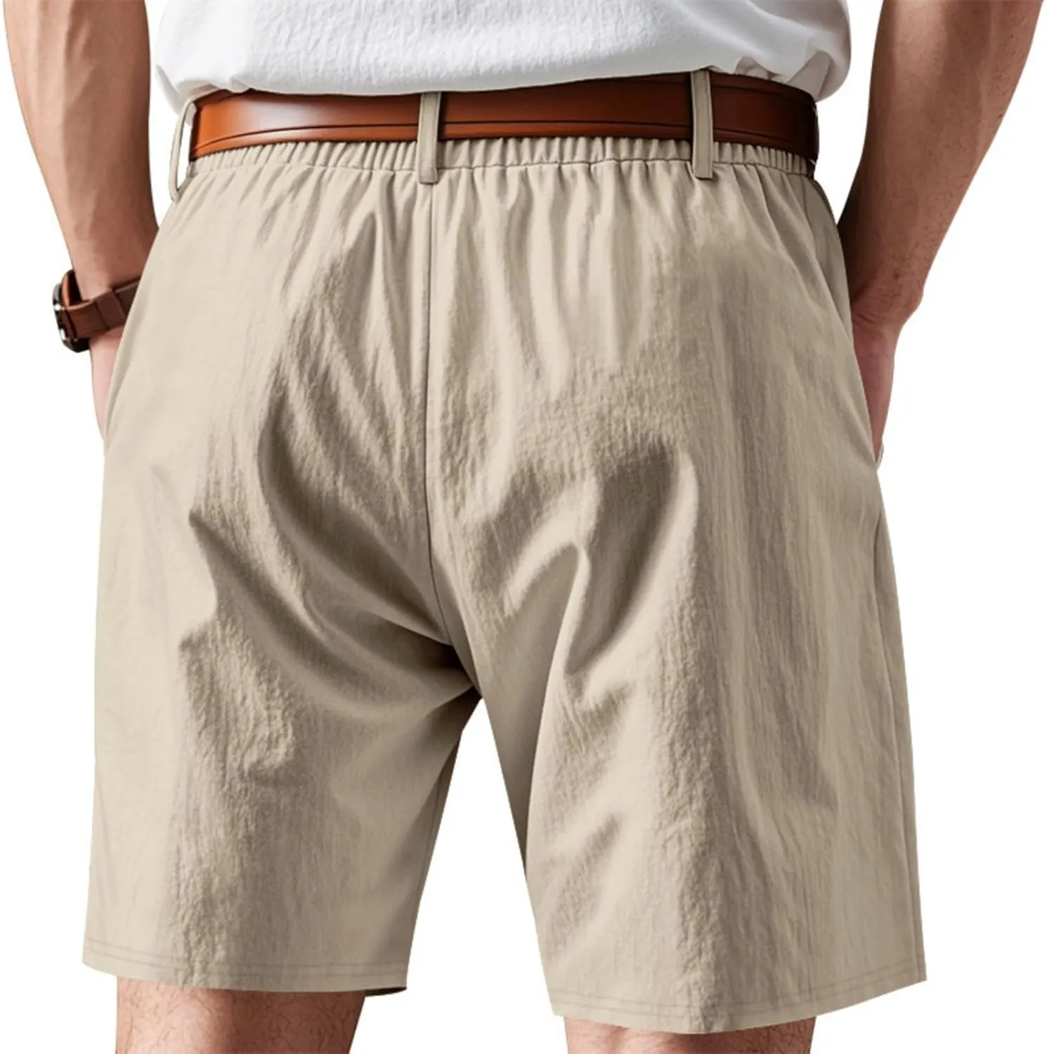 Men's Cotton Linen Shorts Casual Button Elastic Waist Summer Beach Shorts with Pocket