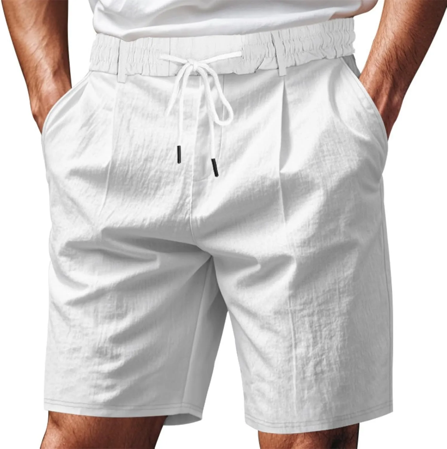 Men's Cotton Linen Shorts Casual Button Elastic Waist Summer Beach Shorts with Pocket