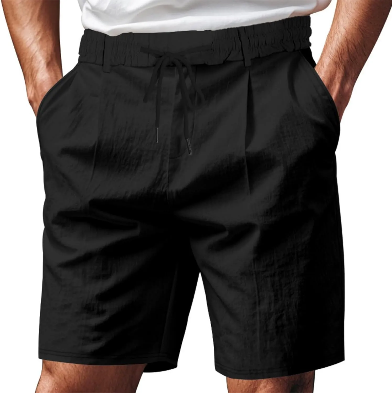 Men's Cotton Linen Shorts Casual Button Elastic Waist Summer Beach Shorts with Pocket