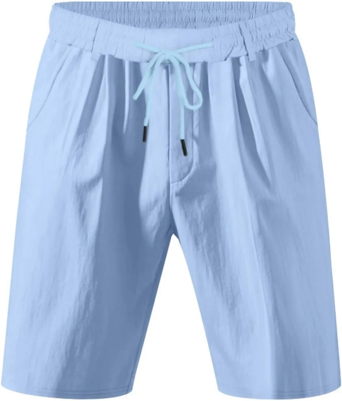 Men's Cotton Linen Shorts Casual Button Elastic Waist Summer Beach Shorts with Pocket