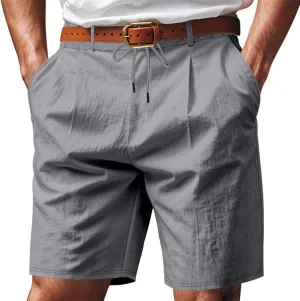 Men's Cotton Linen Shorts Casual Button Elastic Waist Summer Beach Shorts with Pocket